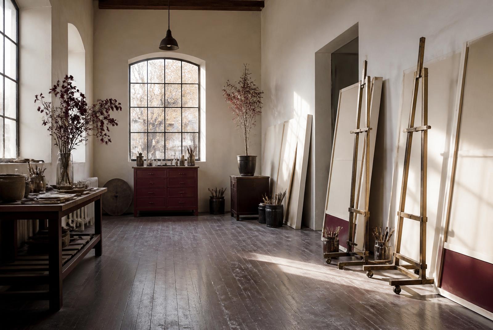 A working atelier of stretched canvases and brass easels