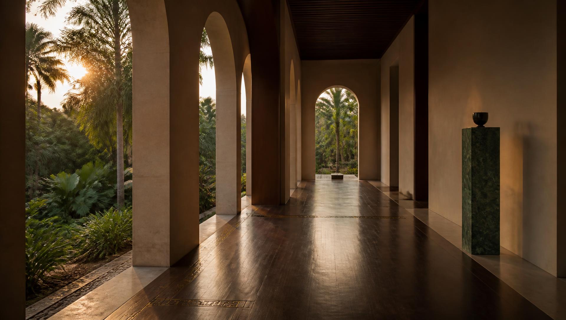 A stone and hardwood gallery corridor opening onto a garden at golden hour