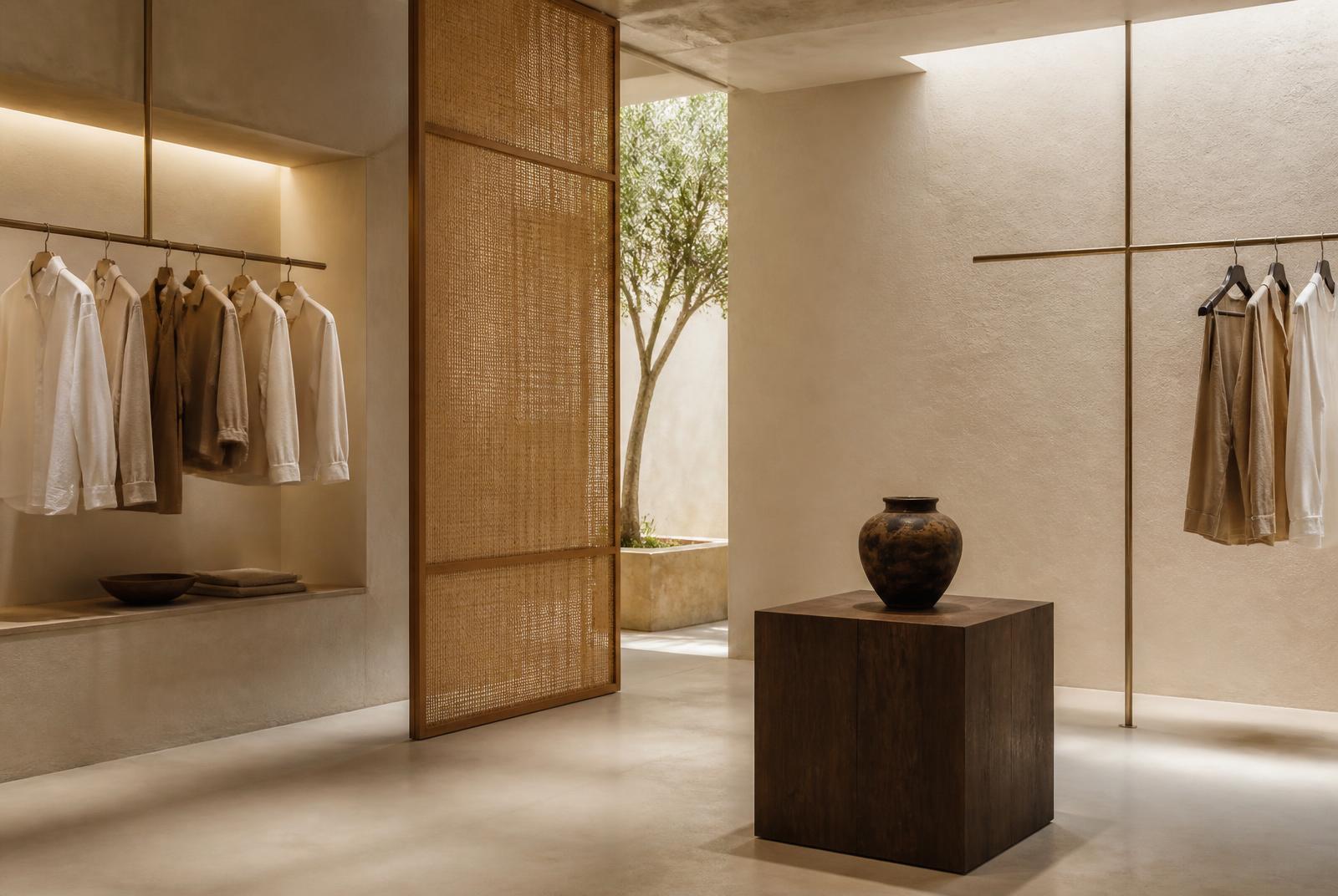 A cream plaster retail room with brass rails and a single plinth